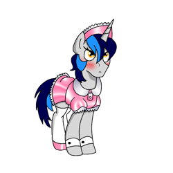 Size: 1000x1000 | Tagged: safe, artist:cappie, artist:oliver, oc, oc only, oc:cappie, species:pony, blushing, clothing, collaboration, crossdressing, embarrassed, maid, male, satin, shiny, shoes, silk, simple background, sissy, solo, stallion, transparent background, uniform