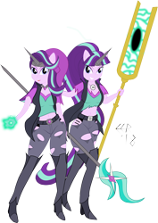 Size: 5409x7633 | Tagged: safe, artist:e-e-r, character:starlight glimmer, my little pony:equestria girls, absurd resolution, belt, clone, clothing, duality, evil, female, good, looking at you, magic, midriff, pants, ponied up, s5 starlight, simple background, solo, staff, staff of sameness, transparent background