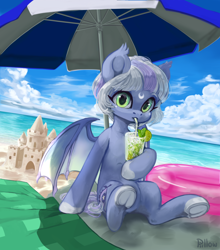 Size: 2000x2276 | Tagged: safe, artist:graypillow, oc, oc only, oc:dream scape, species:bat pony, species:pony, bat pony oc, beach, beach umbrella, cloud, colored hooves, commission, cutie mark, drink, drinking, female, frog (hoof), lime, looking at you, mare, ocean, sand, sandcastle, sky, straw, umbrella, underhoof, ych result