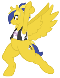 Size: 641x835 | Tagged: safe, artist:queenfrau, oc, oc only, oc:honey buzz, species:pegasus, species:pony, armpits, bee, bipedal, clothing, female, looking at you, shirt, simple background, solo, spread wings, stretching, white background, wings