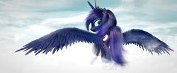 Size: 2160x900 | Tagged: safe, artist:thelunagames, character:princess luna, species:alicorn, species:pony, 3d, cinema4d, cloud, cutie mark, female, horn, jewelry, looking at you, looking back, looking back at you, mare, on a cloud, regalia, solo, spread wings, standing on a cloud, tiara, wings