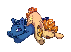 Size: 1000x729 | Tagged: safe, artist:senaelik, oc, oc only, oc:risin' shine, oc:tucked in, species:earth pony, species:pony, drawthread, duo, facial hair, female, lying on top of someone, male, mare, moustache, open mouth, request, simple background, sleeping, stallion, transparent background, zzz