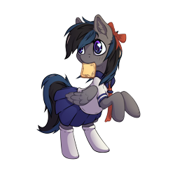Size: 3000x3000 | Tagged: safe, artist:senaelik, oc, oc only, species:pegasus, species:pony, bipedal, bow, bread, clothing, female, food, mare, mouth hold, request, school uniform, schoolgirl toast, simple background, socks, solo, toast, transparent background