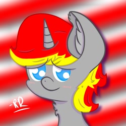 Size: 768x768 | Tagged: safe, artist:rubydeluxe, derpibooru original, oc, oc only, oc:rd, species:alicorn, species:pony, abstract background, alicorn oc, blushing, bust, cute, digital art, ear fluff, eyebrows, horn, looking at you, male, muzzle, neck fluff, portrait, pupils, shading, signature, smiling, solo