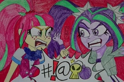 Size: 4057x2680 | Tagged: safe, artist:malevolentsamson, artist:psygcosis507, character:aria blaze, character:sour sweet, my little pony:equestria girls, absurd resolution, angry, argument, bomb, bow tie, clothing, crystal prep academy uniform, duo, exclamation point, female, freckles, pigtails, ponytail, red background, school uniform, simple background, traditional art, twintails, weapon