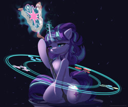Size: 1576x1324 | Tagged: safe, artist:togeticisa, character:starlight glimmer, species:pony, species:unicorn, bad end, black background, curved horn, female, glowing horn, implied mane six, magic, mare, s5 starlight, simple background, solo, staff, staff of sameness, the bad guy wins, this will end in communism
