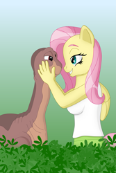 Size: 3495x5243 | Tagged: safe, artist:sergeant16bit, character:fluttershy, species:anthro, apatosaurus, crossover, cuddling, dinosaur, don bluth, female, foliage, gradient background, leaves, littlefoot, male, the land before time