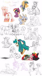 Size: 2000x3625 | Tagged: safe, artist:whisperseas, character:queen chrysalis, oc, oc:ariadne, oc:chitin, oc:harvest apple, oc:hearth apple, oc:jadeite, oc:kalypso, oc:nymph, oc:stormhoof, oc:sugar plum, oc:taffy twirl, oc:tizoc, oc:topaz apple, parent:ahuizotl, parent:big macintosh, parent:daring do, parent:discord, parent:fluttershy, parent:iron will, parent:king sombra, parent:marble pie, parent:oc:peachy keen, parent:oc:princess iridescence, parent:oc:prism bolt, parent:oc:turquoise blitz, parent:party favor, parent:pinkie pie, parent:princess celestia, parent:queen chrysalis, parents:chrysombra, parents:darizotl, parents:dislestia, parents:ironshy, parents:marblemac, parents:oc x oc, parents:partypie, species:changepony, brother and sister, bust, chessboard, chest fluff, disguise, disguised changeling, female, hybrid, interspecies offspring, male, mother and daughter, mouth hold, noisemaker, oc x oc, offspring, offspring shipping, offspring's offspring, scruff, shipping, siblings, simple background, sketch, sketch dump, snuggling, straight, white background
