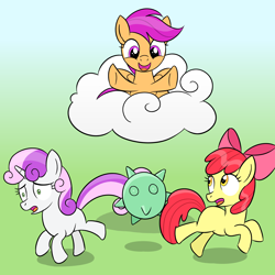 Size: 2000x2000 | Tagged: safe, artist:sazanamibd, character:apple bloom, character:scootaloo, character:sweetie belle, species:earth pony, species:pegasus, species:pony, species:unicorn, abuse, applebuse, bully, bullying, cutie mark crusaders, female, filly, lakitu, mare, sweetiebuse