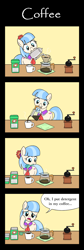 Size: 800x2376 | Tagged: safe, artist:sazanamibd, character:coco pommel, species:earth pony, species:pony, 4koma, coffee, coffee grinder, coffee pot, comic, cup, detergent, fail, female, filter, kettle, mare, mouth hold, solo