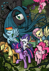 Size: 1702x2440 | Tagged: safe, artist:yewdee, character:applejack, character:fluttershy, character:mean applejack, character:mean fluttershy, character:mean pinkie pie, character:mean rainbow dash, character:mean rarity, character:mean twilight sparkle, character:pinkie pie, character:queen chrysalis, character:rainbow dash, character:rarity, character:twilight sparkle, character:twilight sparkle (alicorn), species:alicorn, species:pony, episode:the mean 6, g4, my little pony: friendship is magic, clone, clone six, dummy, evil rainbow dash, female, forest, former queen chrysalis, mane six