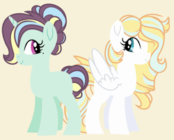 Size: 5136x4136 | Tagged: safe, artist:starfalldawn, oc, oc only, oc:angelic dove, oc:ladylike, parent:rarity, parent:zephyr breeze, parents:raribreeze, species:pony, species:unicorn, absurd resolution, female, mare, simple background, sisters, yellow background