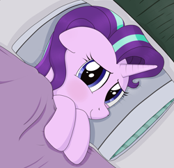 Size: 1881x1824 | Tagged: safe, artist:noosa, character:starlight glimmer, species:pony, species:unicorn, bed, blanket, blushing, cute, female, floppy ears, glim, glim glam, glimmerbetes, glimmy, looking at you, mare, pillow, puppy dog eyes, sleeping, smiling, smiling at you, solo, sweet dreams fuel, tucking in
