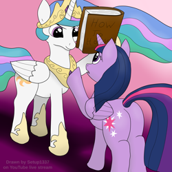 Size: 4096x4096 | Tagged: safe, artist:setup1337, character:princess celestia, character:twilight sparkle, character:twilight sparkle (alicorn), species:alicorn, species:pony, absurd resolution, book, duo, frown, looking at each other, plot, raised hoof, trollestia