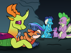 Size: 2048x1535 | Tagged: safe, artist:kindheart525, artist:peep-dis, character:princess ember, character:spike, character:thorax, character:twilight sparkle, character:twilight sparkle (alicorn), oc, oc:pupa phosphorus, parent:princess ember, parent:thorax, parents:embrax, species:alicorn, species:changeling, species:pony, species:reformed changeling, kindverse, collaboration, digital art, dragonling, father and daughter, female, hybrid, interspecies offspring, male, next generation, offspring, papa thorax, spembrax, story in the source, story included