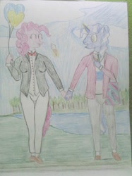 Size: 1280x1707 | Tagged: safe, artist:mildgyth, character:pinkie pie, character:pokey pierce, species:anthro, species:plantigrade anthro, ship:pokeypie, ziragshabdarverse, bag, balloon, bow tie, clothing, food, holding hands, ice cream, ice cream cone, lake, magic, male, necktie, pants, shipping, shirt, shoes, straight, suit, sweater vest, traditional art, tree, walking