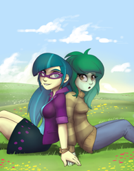 Size: 2851x3656 | Tagged: safe, artist:gabbslines, character:juniper montage, character:wallflower blush, ship:juniblush, equestria girls:forgotten friendship, equestria girls:movie magic, g4, my little pony: equestria girls, my little pony:equestria girls, spoiler:eqg specials, blushing, clothing, cloud, fanfic art, female, freckles, glasses, grass, legs, lesbian, pigtails, shipping, sitting, skirt, sky, smiling