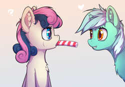 Size: 4000x2786 | Tagged: safe, artist:senaelik, character:bon bon, character:lyra heartstrings, character:sweetie drops, species:earth pony, species:pony, species:unicorn, ship:lyrabon, adorabon, candy, candy cane, confused, couple, cute, ear fluff, eating, female, food, heart, heart eyes, lesbian, lollipop, looking at each other, lyrabetes, mare, ponified, puzzled, shipping, smiling, wingding eyes