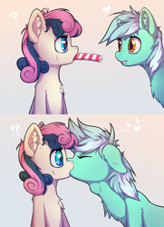 Size: 4000x5530 | Tagged: safe, artist:senaelik, character:bon bon, character:lyra heartstrings, character:sweetie drops, species:earth pony, species:pony, species:unicorn, ship:lyrabon, adorabon, candy, candy cane, chest fluff, comic, cute, deepthroat, description is relevant, drawthread, eating, eyes closed, female, food, heart, heart eyes, kissing, lesbian, lyrabetes, ponified, request, requested art, shipping, stealing, surprise kiss, surprised, throat bulge, wingding eyes