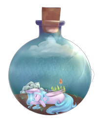 Size: 2104x2576 | Tagged: safe, artist:harmonyskish, oc, oc only, oc:moonflare, species:pegasus, species:pony, bottle, female, high res, mare, pony in a bottle, prone, rain, simple background, solo, transparent background