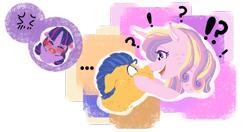 Size: 2464x1305 | Tagged: safe, artist:miyathegoldenflower, character:flash sentry, character:princess cadance, character:twilight sparkle, ship:flashlight, blushing, caddy ships it, embarrassed, female, male, shipper, shipper on deck, shipping, simple background, straight, transparent background