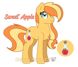 Size: 1024x884 | Tagged: safe, artist:sleppchocolatemlp, oc, oc only, oc:sweet apple, parent:applejack, parent:caramel, parents:carajack, species:earth pony, species:pony, g4, earth pony oc, female, freckles, hair over one eye, mare, offspring, simple background, solo, text, three quarter view, white background