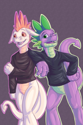 Size: 853x1280 | Tagged: safe, alternate version, artist:secret_desires, character:fizzle, character:spike, clothing, featureless crotch, hoodie, male, older, older spike
