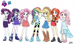 Size: 2165x1319 | Tagged: safe, artist:ritalux, official, character:applejack, character:fluttershy, character:pinkie pie, character:rainbow dash, character:rarity, character:sunset shimmer, character:twilight sparkle, character:twilight sparkle (scitwi), species:eqg human, g4, my little pony: equestria girls, my little pony:equestria girls, cute, eqg promo pose set, equestria girls logo, equestria girls prototype, hasbro logo, humane five, humane seven, humane six, looking at you, my little pony logo, official art, simple background, smiling, white background