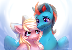 Size: 2000x1400 | Tagged: safe, artist:fenwaru, oc, oc only, oc:andrew swiftwing, oc:bay breeze, species:pegasus, species:pony, blushing, bow, couple, female, hair bow, looking at each other, male, mare, smiling, stallion, straight, swiftbreeze