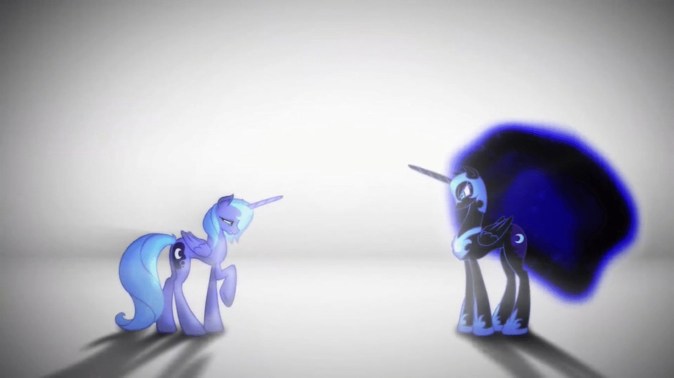 Size: 1350x759 | Tagged: safe, artist:warpout, character:nightmare moon, character:princess luna, species:alicorn, species:pony, animated, ethereal mane, female, gif, hopeless, lullaby for a princess, mare, s1 luna, sad, simple background, transformation, walking, white background, youtube link