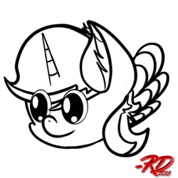 Size: 768x768 | Tagged: safe, artist:rubydeluxe, derpibooru original, oc, oc only, oc:rd, species:alicorn, species:pony, alicorn oc, black and white, chibi, ear fluff, grayscale, horn, male, monochrome, quick sketch, signature, simple, sketch, solo, warmup, wings