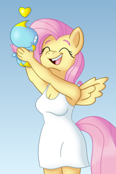 Size: 3495x5243 | Tagged: safe, artist:sergeant16bit, character:fluttershy, species:anthro, breasts, chao, clothing, crossover, cute, dress, shyabetes, sonic the hedgehog (series)