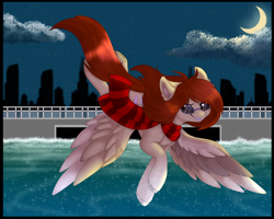 Size: 5000x4000 | Tagged: safe, artist:red_moonwolf, oc, oc only, oc:amber chestnut, species:pegasus, species:pony, absurd resolution, city, cityscape, clothing, flying, glasses, moon, scarf, solo, water