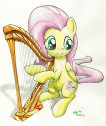 Size: 3270x3850 | Tagged: safe, artist:michiito, character:fluttershy, species:pegasus, species:pony, female, folded wings, harp, looking away, mare, musical instrument, sitting, smiling, solo, traditional art