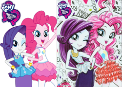 Size: 1745x1247 | Tagged: safe, artist:luisstormcardoso, artist:ritalux, edit, official, character:pinkie pie, character:rarity, g4, my little pony: equestria girls, my little pony:equestria girls, clothing, comparison, equestria girls logo, geode of shielding, geode of sugar bombs, hasbro logo, logo, logo edit, magazine scan, my little pony logo, official art, one eye closed, pose, poster, simple background, smiling, transparent background, wink