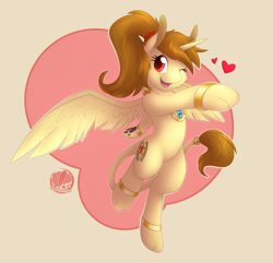 Size: 854x822 | Tagged: safe, artist:skyheavens, oc, oc only, oc:katya ironstead, species:alicorn, species:pony, species:sphinx, alicorn oc, bipedal, commission, cute, dancing, female, genie, heart, jewelry, necklace, one eye closed, paws, shantae, simple background, solo, species swap, sphinx oc, sphinxified, underpaw, wink