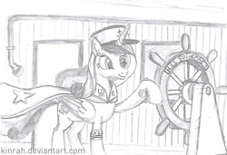 Size: 1310x897 | Tagged: safe, artist:kinrah, character:princess cadance, newbie artist training grounds, atg 2018, female, implied big macintosh, implied sugar belle, literal shipping, princess of love, princess of shipping, pun, ship, shipper on deck, sketch, solo, traditional art
