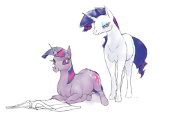 Size: 1000x704 | Tagged: safe, artist:cabyowl, character:rarity, character:twilight sparkle, character:twilight sparkle (unicorn), species:pony, species:unicorn, book, duo, female, hoers, horse, mare, prone, reading, simple background, white background