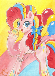 Size: 1701x2373 | Tagged: safe, artist:piripaints, character:pinkie pie, species:earth pony, species:pony, balloon, colorful, female, laughing, looking at you, mare, rainbow power, ribbon, simple background, solo, traditional art, watercolor painting