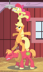 Size: 1228x2048 | Tagged: safe, artist:kinrah, character:apple bloom, character:applejack, character:big mcintosh, species:earth pony, species:pony, newbie artist training grounds, acrobatics, apple siblings, atg 2018, dangerous, female, lightbulb, male, mare, stallion