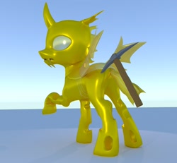 Size: 2000x1844 | Tagged: safe, artist:ghost reviews, species:changeling, 3d, blender, cute, cuteling, flank, goldling, looking back, pickaxe, plot, poking, raised hoof, solo, tail, worried
