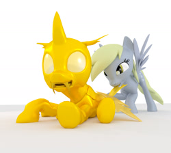 Size: 2000x1788 | Tagged: safe, artist:ghost reviews, character:derpy hooves, species:changeling, species:pegasus, species:pony, 3d, biting, blender, cute, cuteling, dragging, gold, goldling, panic, tail bite