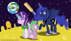 Size: 1672x964 | Tagged: safe, artist:kinrah, character:princess luna, character:spike, character:starlight glimmer, species:alicorn, species:dragon, species:pony, species:unicorn, newbie artist training grounds, atg 2018, cheese, cricket bat, female, food, magic, male, mare, moon, rocket, space, sweater vest, this already ended in a trip to the moon, this will end in pain, unamused, wallace and gromit