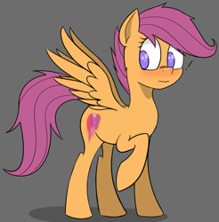 Size: 1381x1404 | Tagged: safe, artist:pinkberry, character:scootaloo, species:pegasus, species:pony, blank flank, blushing, cutie mark, exclamation point, fake cutie mark, female, filly, freckles, gray background, raised hoof, scrunchy face, simple background, smudge, solo, the cmc's cutie marks