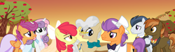 Size: 7832x2344 | Tagged: safe, artist:starfalldawn, character:apple bloom, character:button mash, character:mayor mare, character:rumble, character:scootaloo, character:sweetie belle, character:tender taps, species:pony, ship:tenderbloom, apple tree, bride, bridesmaid, bridesmaid dress, bridesmaids, clothing, dress, female, groom, hat, male, marriage, older, shipping, straight, top hat, tree, tuxedo, twilight (astronomy), wedding, wedding dress, wedding veil