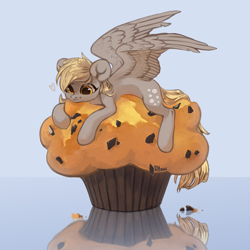 Size: 2000x2000 | Tagged: safe, artist:graypillow, character:derpy hooves, species:pegasus, species:pony, female, food, giant muffin, heart, mare, muffin, ponies in food, solo