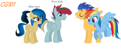 Size: 1024x423 | Tagged: safe, artist:peep-dis, base used, character:flash sentry, character:rainbow dash, oc, oc:blue wave, oc:wave ride, parent:flash sentry, parent:rainbow dash, parents:flashdash, species:pegasus, species:pony, family, female, flashdash, male, mare, offspring, shipping, simple background, stallion, straight, white background
