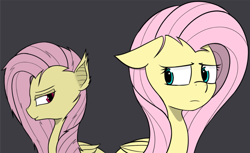 Size: 2215x1354 | Tagged: safe, artist:pinkberry, character:flutterbat, character:fluttershy, species:bat pony, species:pony, duality, duo, female, race swap, worried