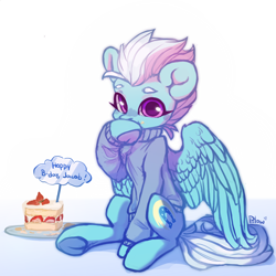 Size: 2000x2000 | Tagged: safe, artist:graypillow, character:fleetfoot, species:pegasus, species:pony, birthday cake, cake, clothing, cute, diafleetes, eating, female, food, food on face, mare, simple background, sitting, solo, sweater, underhoof, white background