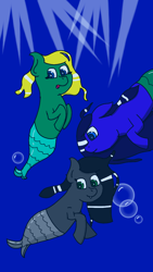 Size: 720x1280 | Tagged: safe, artist:gamer-shy, oc, oc:sapphire, oc:seawoona, oc:sira, black coat, black mane, blonde mane, blue coat, blue mane, bubble, green coat, merpony, scales, swimming, underwater